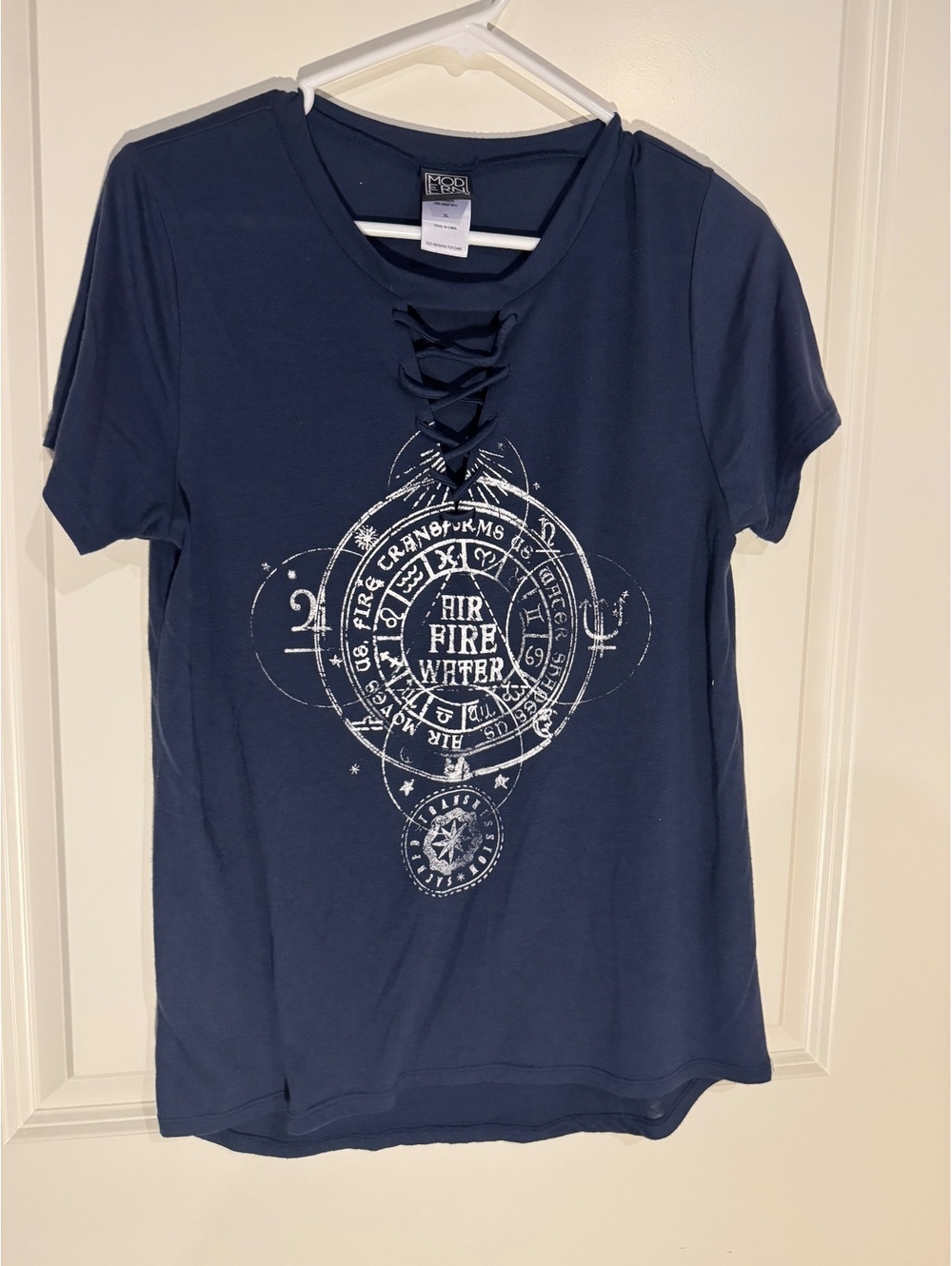 Modern Lux Navy Blue Short Sleeve Lace-Up Neck Graphic T-Shirt